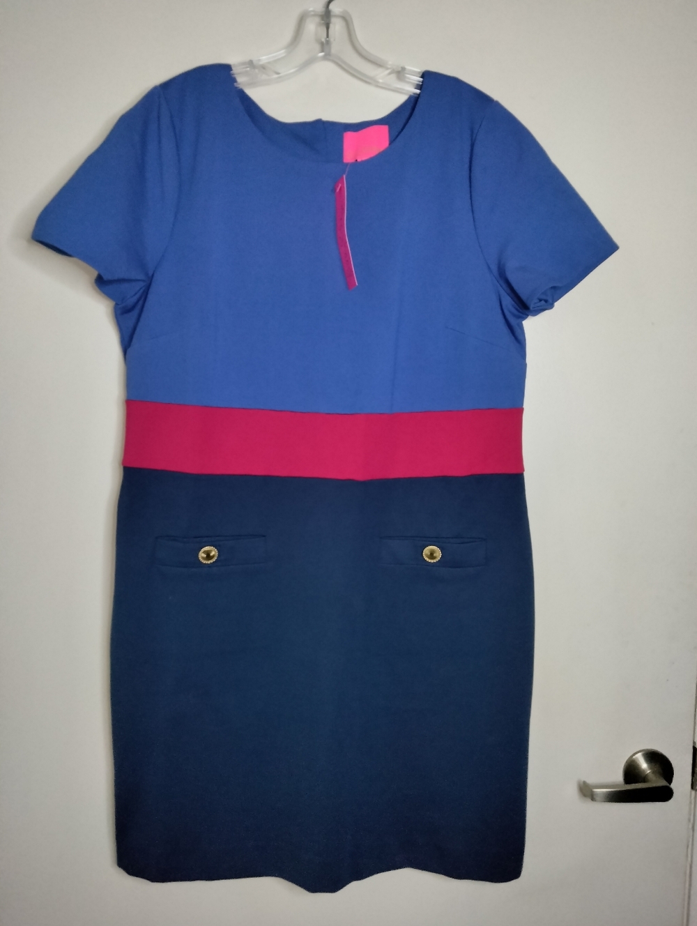 Lilly Pulitzer (Sz 16) Colorblock Blue & Pink Stretch SS Sheath Dress (NEW-NWT)